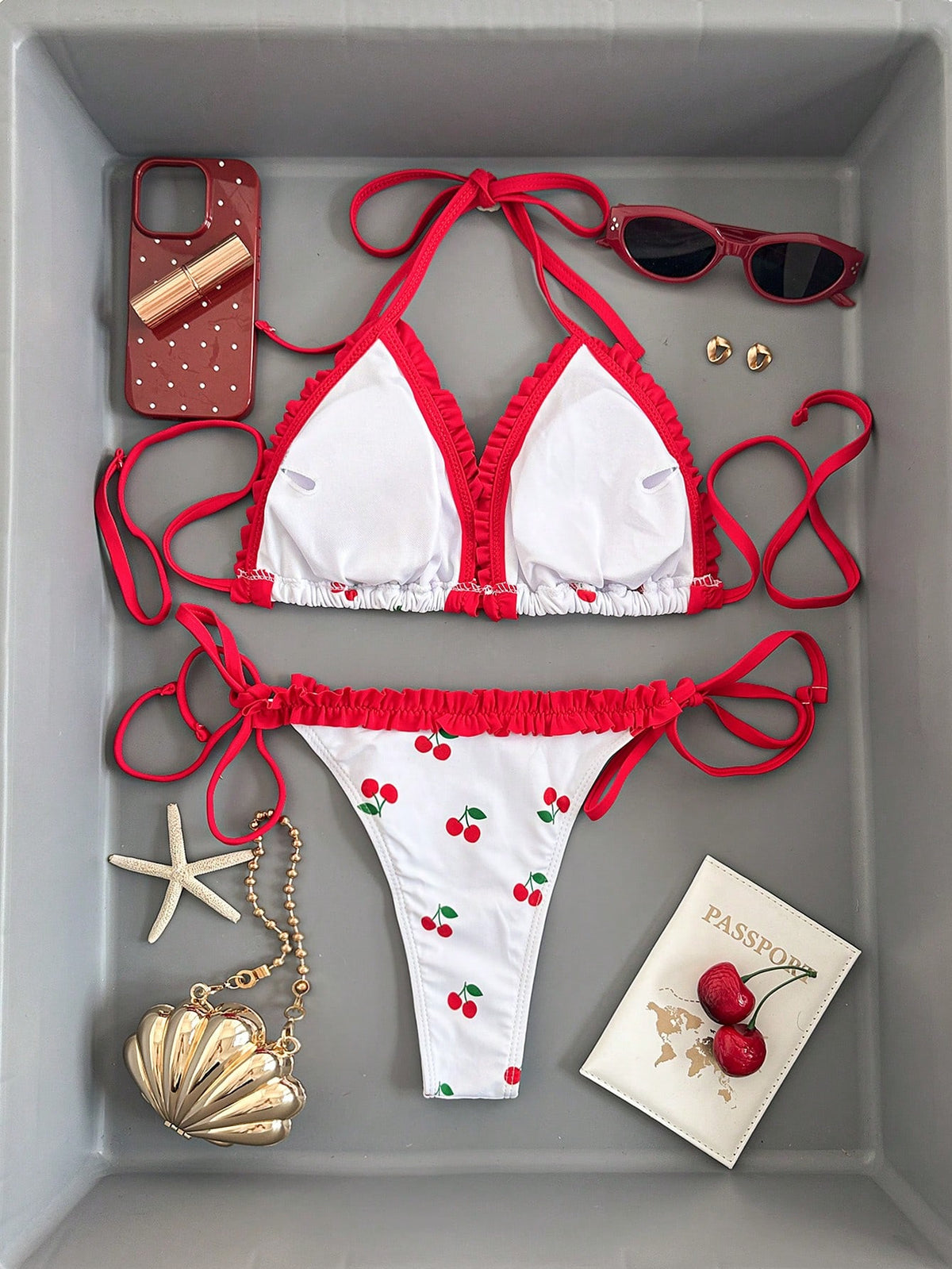 Swim Mod Women's Cute Cherry Print Triangle Cup Halter Tie Sexy Bikini Set