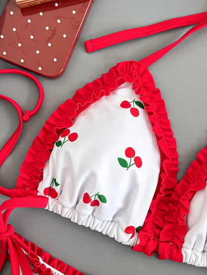Swim Mod Women's Cute Cherry Print Triangle Cup Halter Tie Sexy Bikini Set