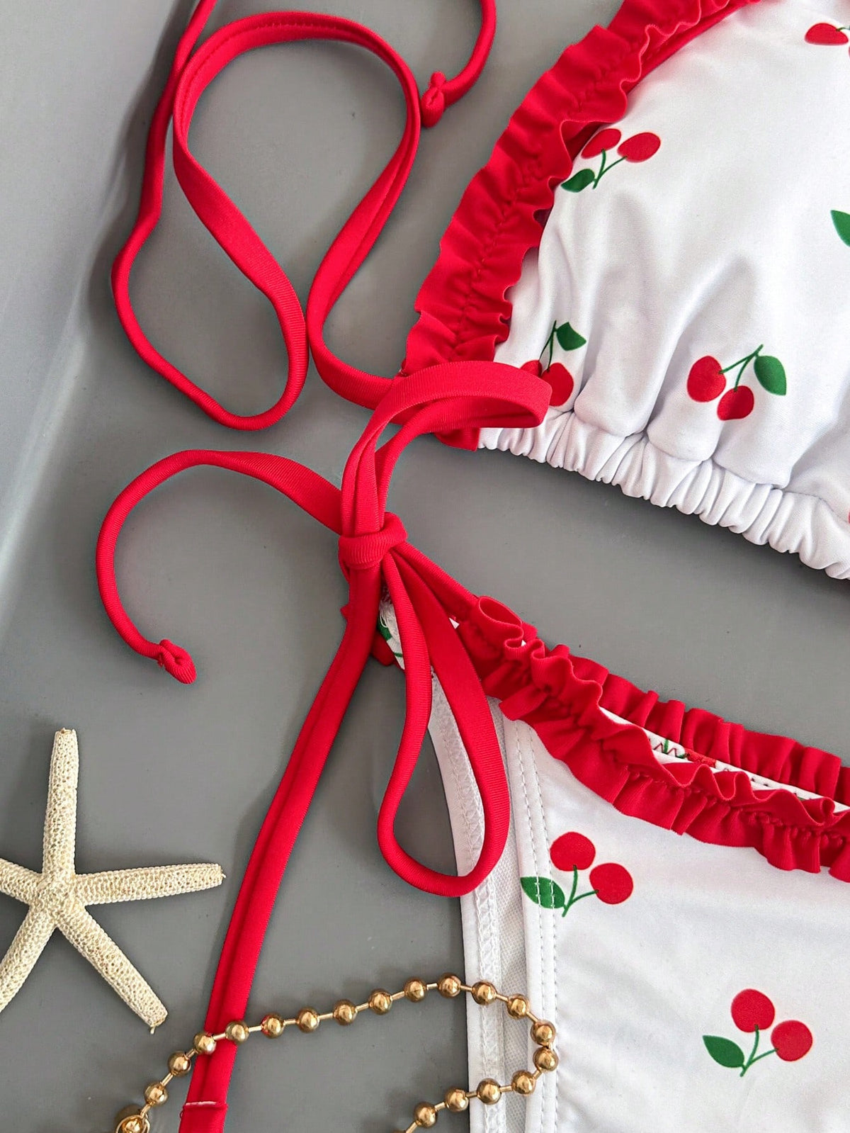 Swim Mod Women's Cute Cherry Print Triangle Cup Halter Tie Sexy Bikini Set