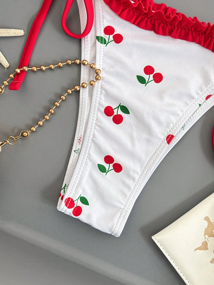 Swim Mod Women's Cute Cherry Print Triangle Cup Halter Tie Sexy Bikini Set