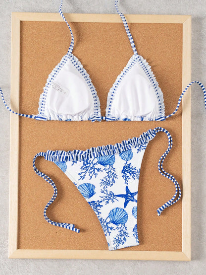 Swim Mod Women's Cute Cherry Print Triangle Cup Halter Tie Sexy Bikini Set