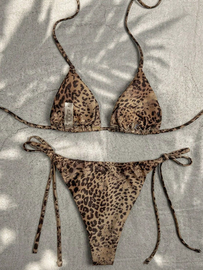 Swim Mod Women's Elegant Vintage Sexy Leopard Print Low-Waist Triangle Bikini Set, Versatile Beach Wear