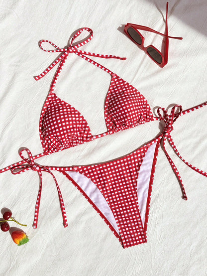 Swim Mod Women's Red And White Striped Bikini Set,Summer Tropical Beach Party Holiday Vacation Holiday Spaghetti Strap Halter Neck Plaid Lace-Up 2 Pieces Set