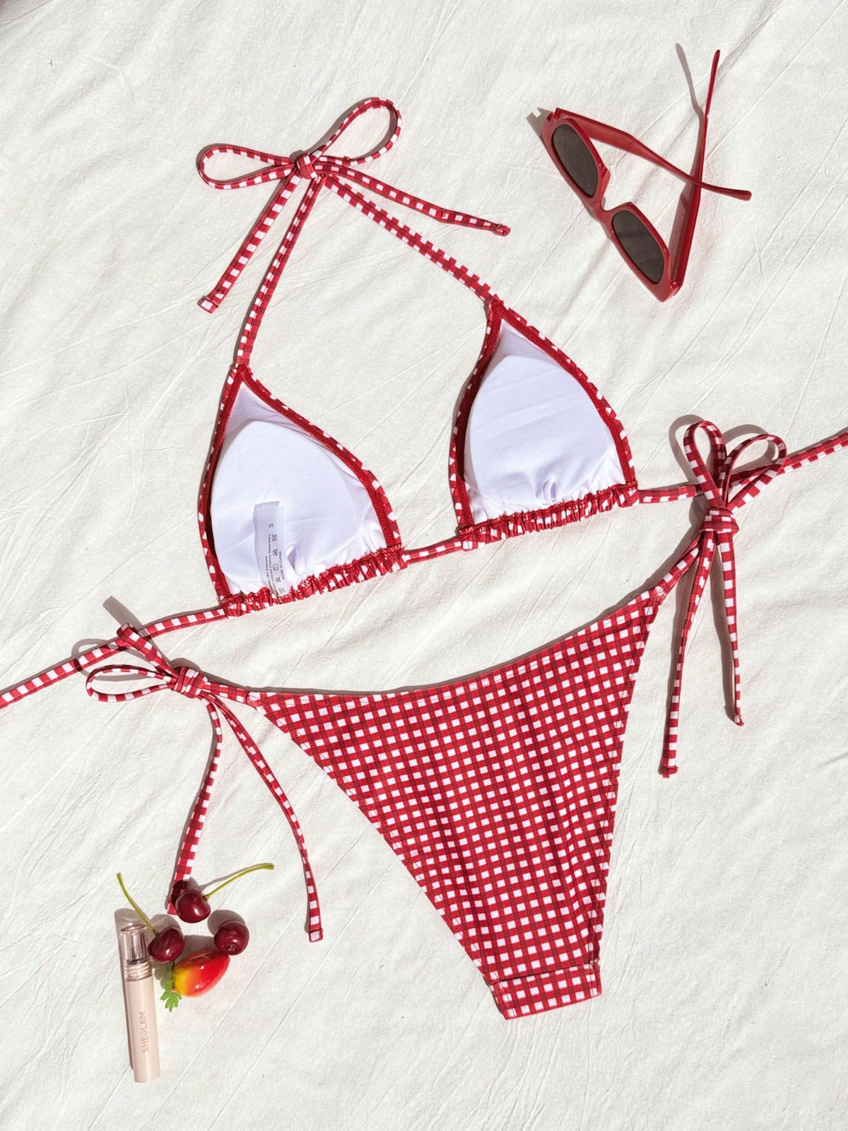 Swim Mod Women's Red And White Striped Bikini Set,Summer Tropical Beach Party Holiday Vacation Holiday Spaghetti Strap Halter Neck Plaid Lace-Up 2 Pieces Set