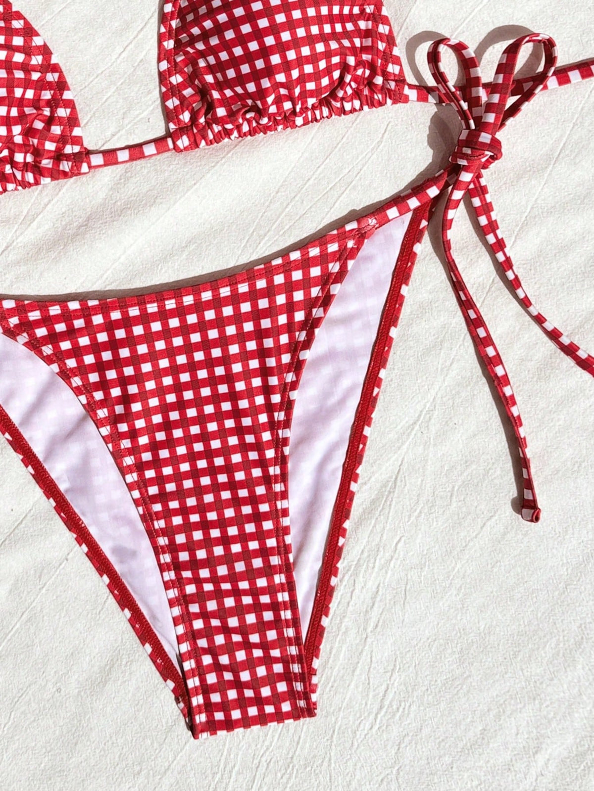 Swim Mod Women's Red And White Striped Bikini Set,Summer Tropical Beach Party Holiday Vacation Holiday Spaghetti Strap Halter Neck Plaid Lace-Up 2 Pieces Set