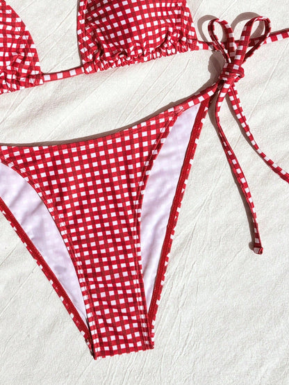 Swim Mod Women's Red And White Striped Bikini Set,Summer Tropical Beach Party Holiday Vacation Holiday Spaghetti Strap Halter Neck Plaid Lace-Up 2 Pieces Set