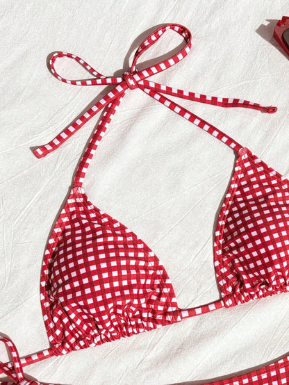 Swim Mod Women's Red And White Striped Bikini Set,Summer Tropical Beach Party Holiday Vacation Holiday Spaghetti Strap Halter Neck Plaid Lace-Up 2 Pieces Set