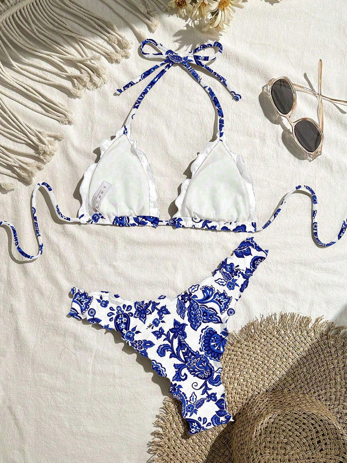 Swim Mod Women's Sexy Solid Color High Elastic Ruffle Trim Bikini Set For Vacation