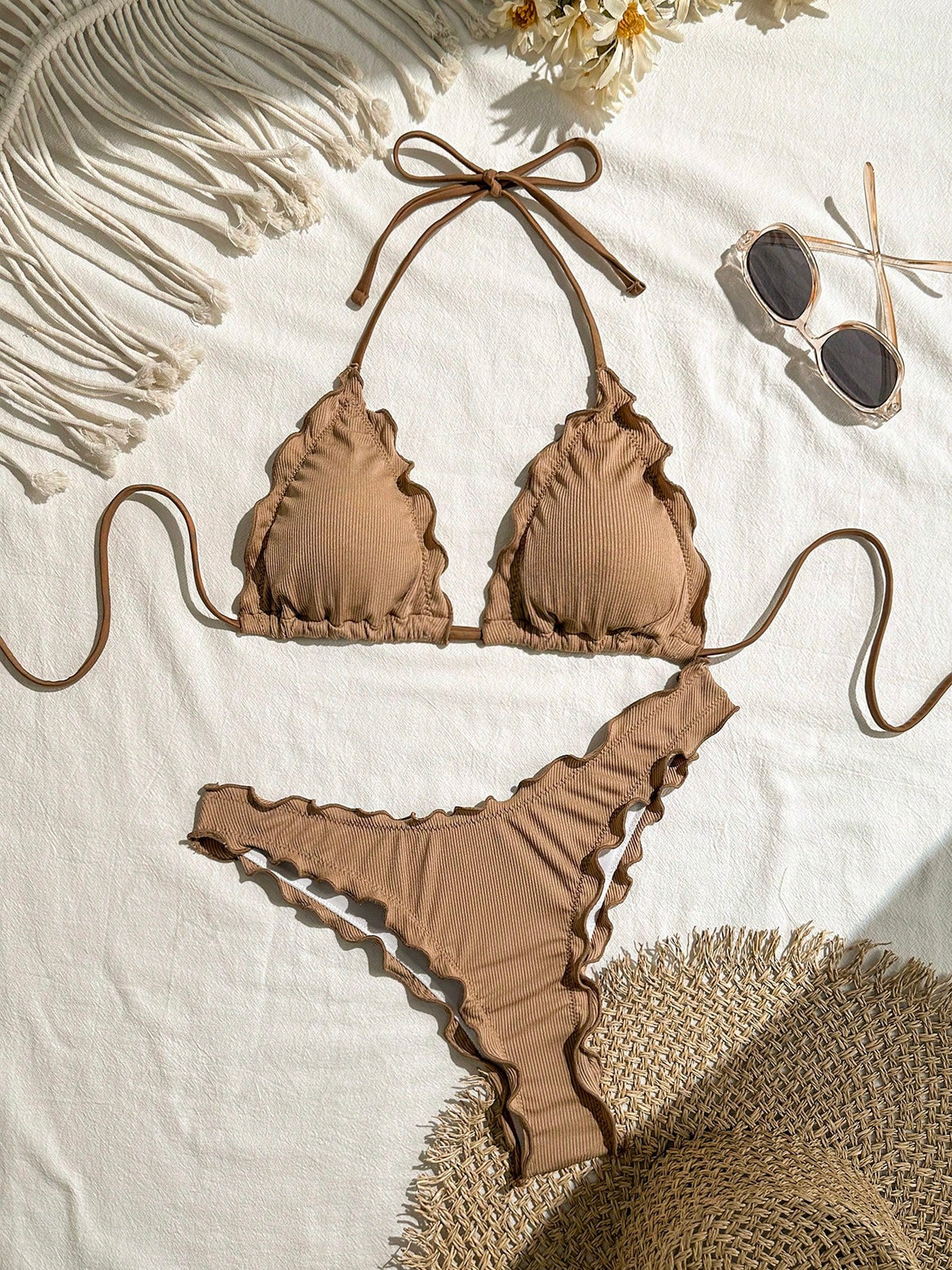 Swim Mod Women's Sexy Solid Color High Elastic Ruffle Trim Bikini Set For Vacation