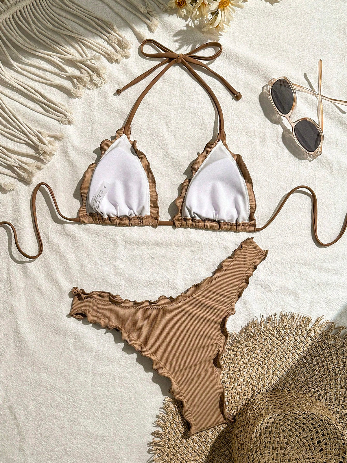 Swim Mod Women's Sexy Solid Color High Elastic Ruffle Trim Bikini Set For Vacation