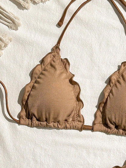 Swim Mod Women's Sexy Solid Color High Elastic Ruffle Trim Bikini Set For Vacation