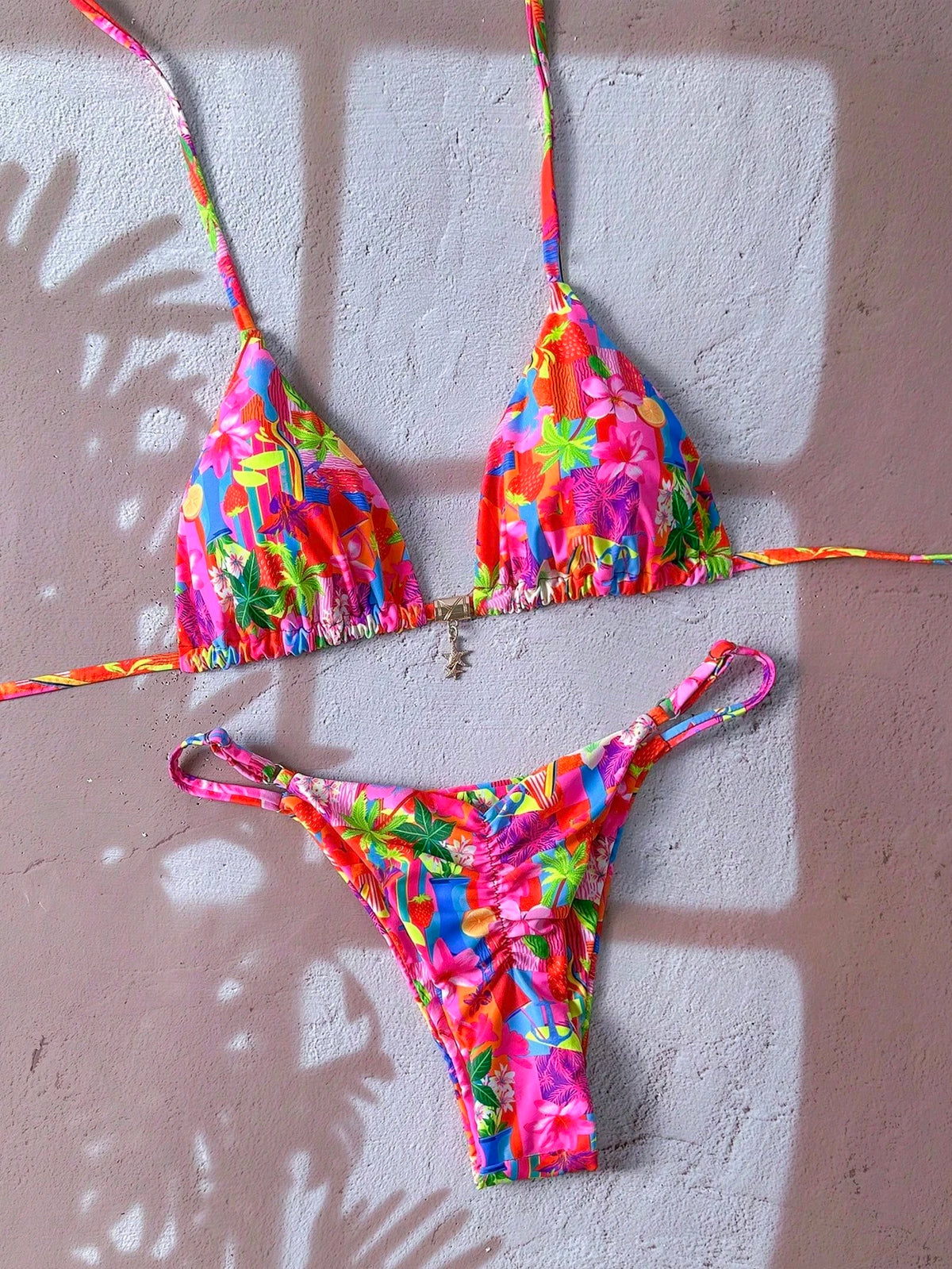 Swim Mod Women's Spring/Summer Random Print Halter Neck Metal Decor Bikini Set