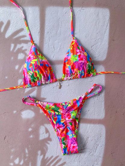 Swim Mod Women's Spring/Summer Random Print Halter Neck Metal Decor Bikini Set