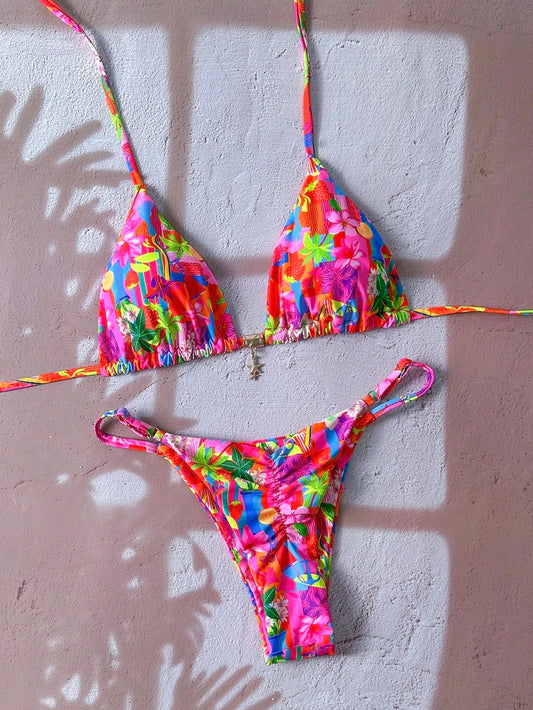 Swim Mod Women's Spring/Summer Random Print Halter Neck Metal Decor Bikini Set