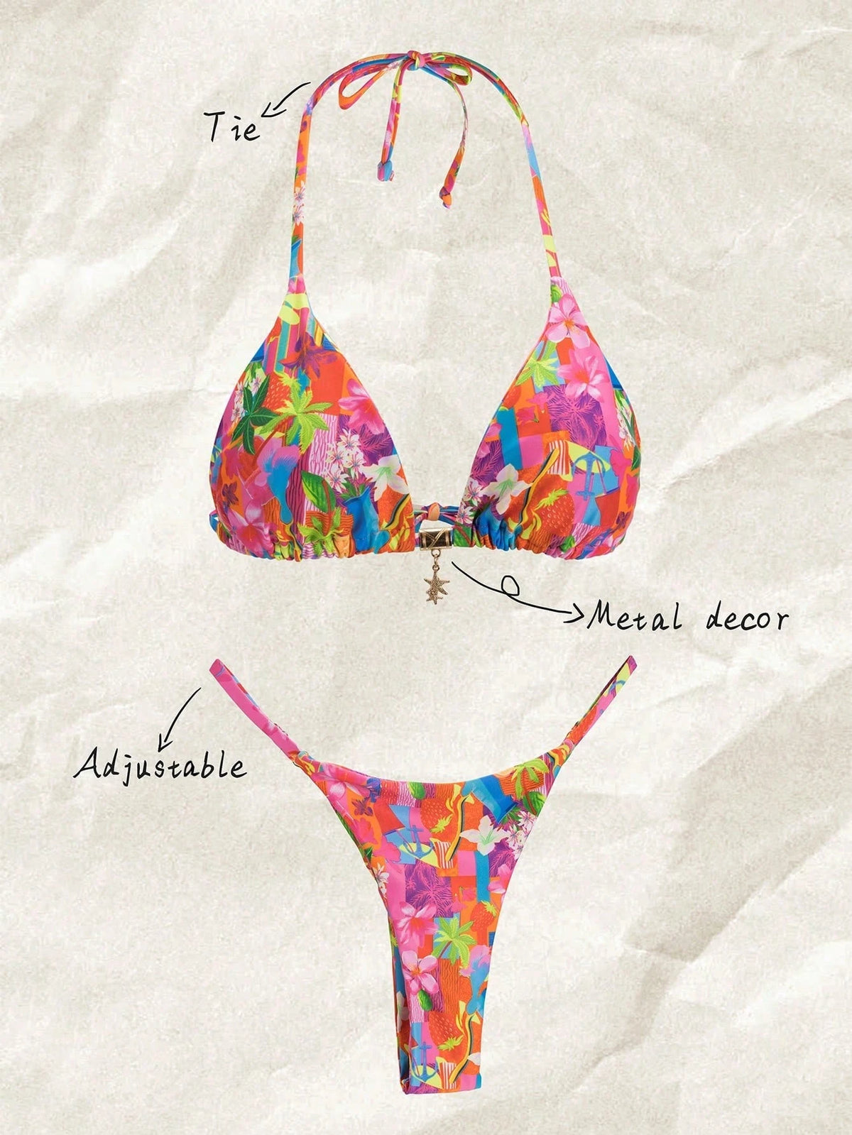 Swim Mod Women's Spring/Summer Random Print Halter Neck Metal Decor Bikini Set