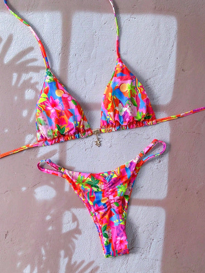 Swim Mod Women's Spring/Summer Random Print Halter Neck Metal Decor Bikini Set