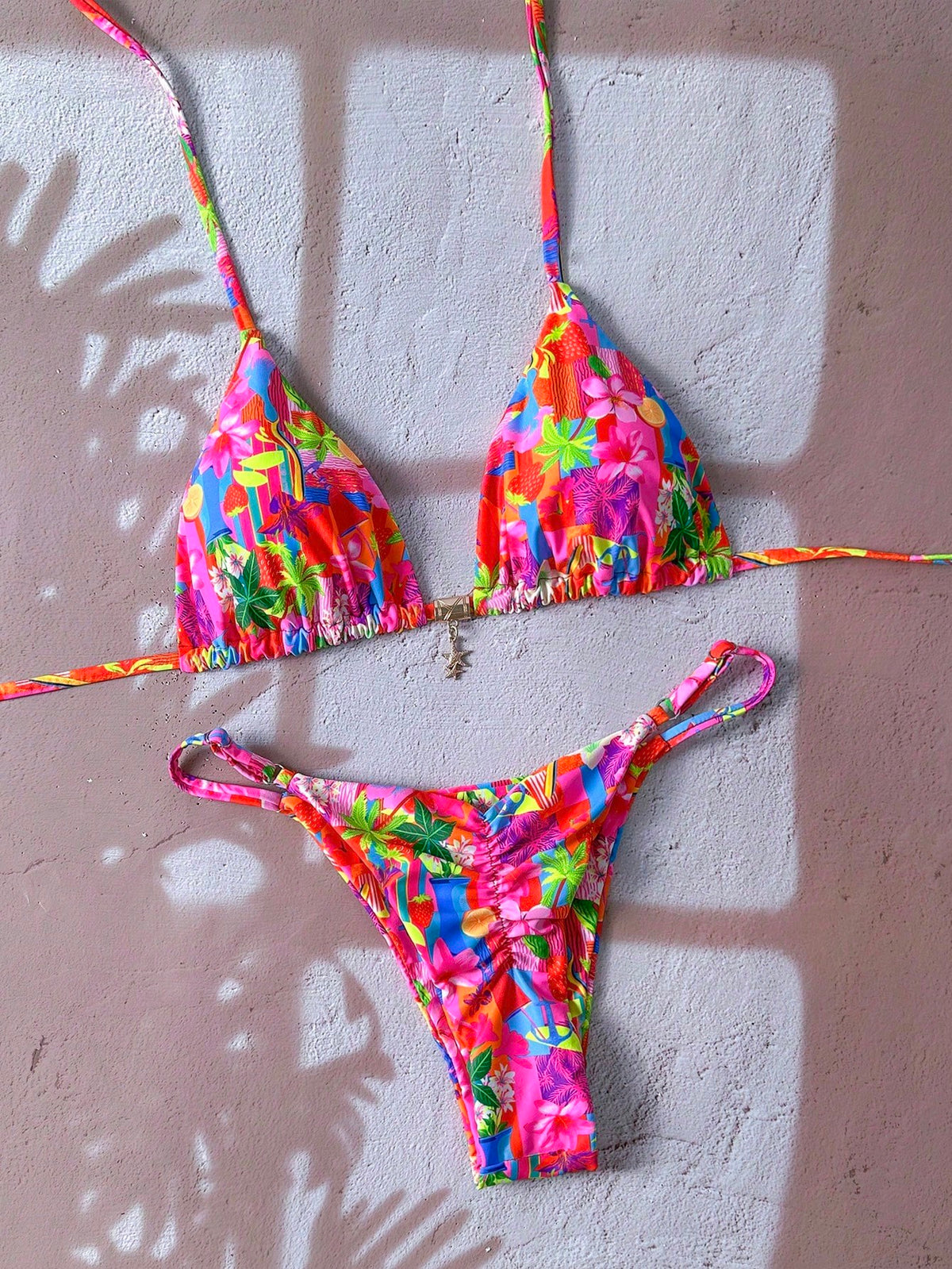 Swim Mod Women's Spring/Summer Random Print Halter Neck Metal Decor Bikini Set