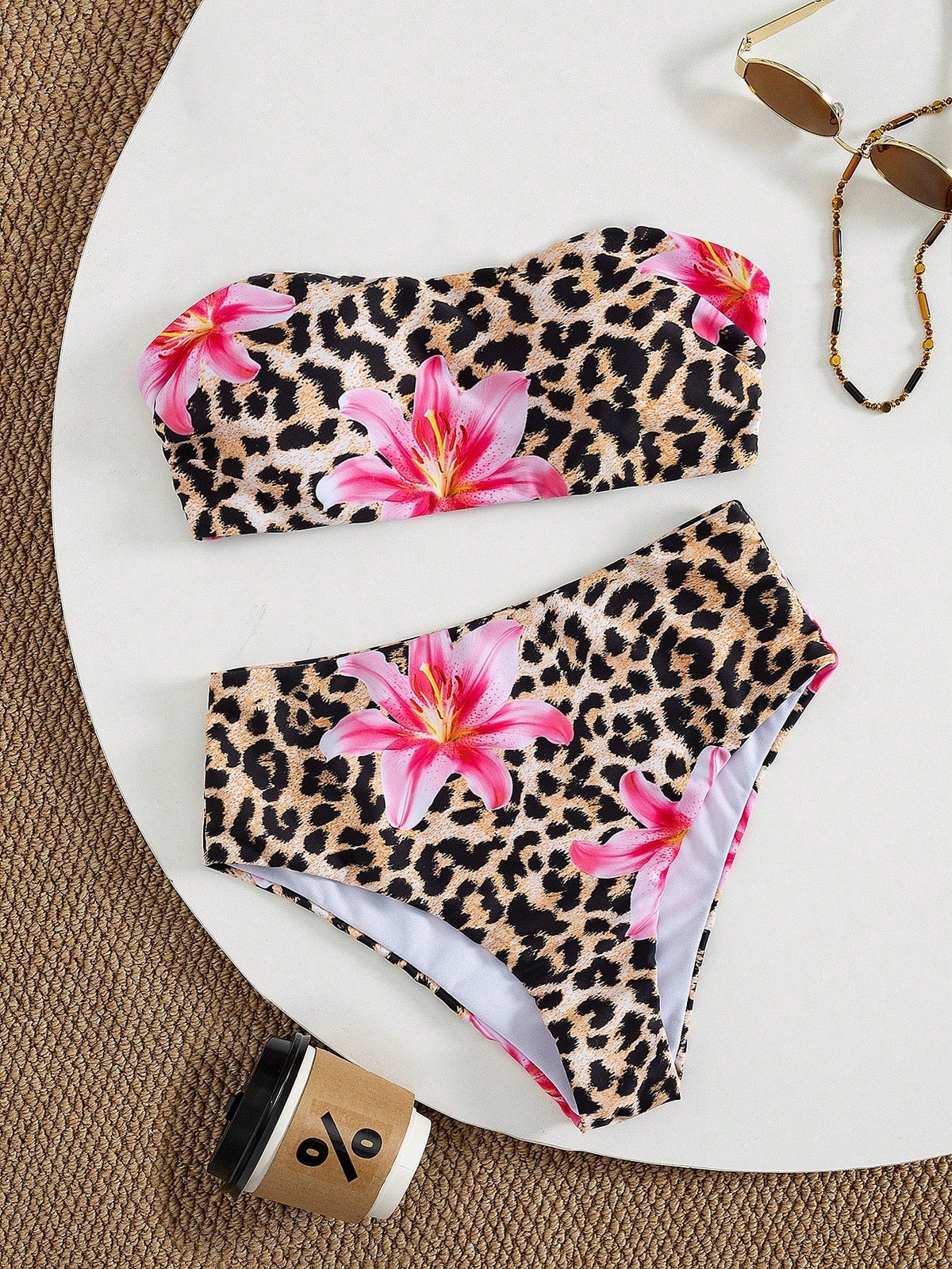 Swim Mod Women's Summer Beach Casual Vacation Elegant Textured Fabric Floral Pink & White Removable Spaghetti Strap High Waist Bikini Set