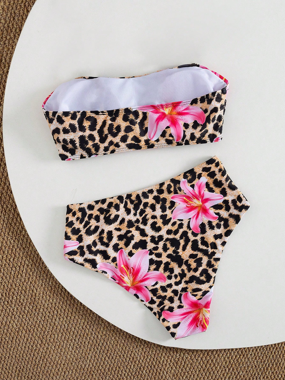 Swim Mod Women's Summer Beach Casual Vacation Elegant Textured Fabric Floral Pink & White Removable Spaghetti Strap High Waist Bikini Set