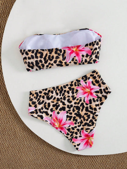 Swim Mod Women's Summer Beach Casual Vacation Elegant Textured Fabric Floral Pink & White Removable Spaghetti Strap High Waist Bikini Set