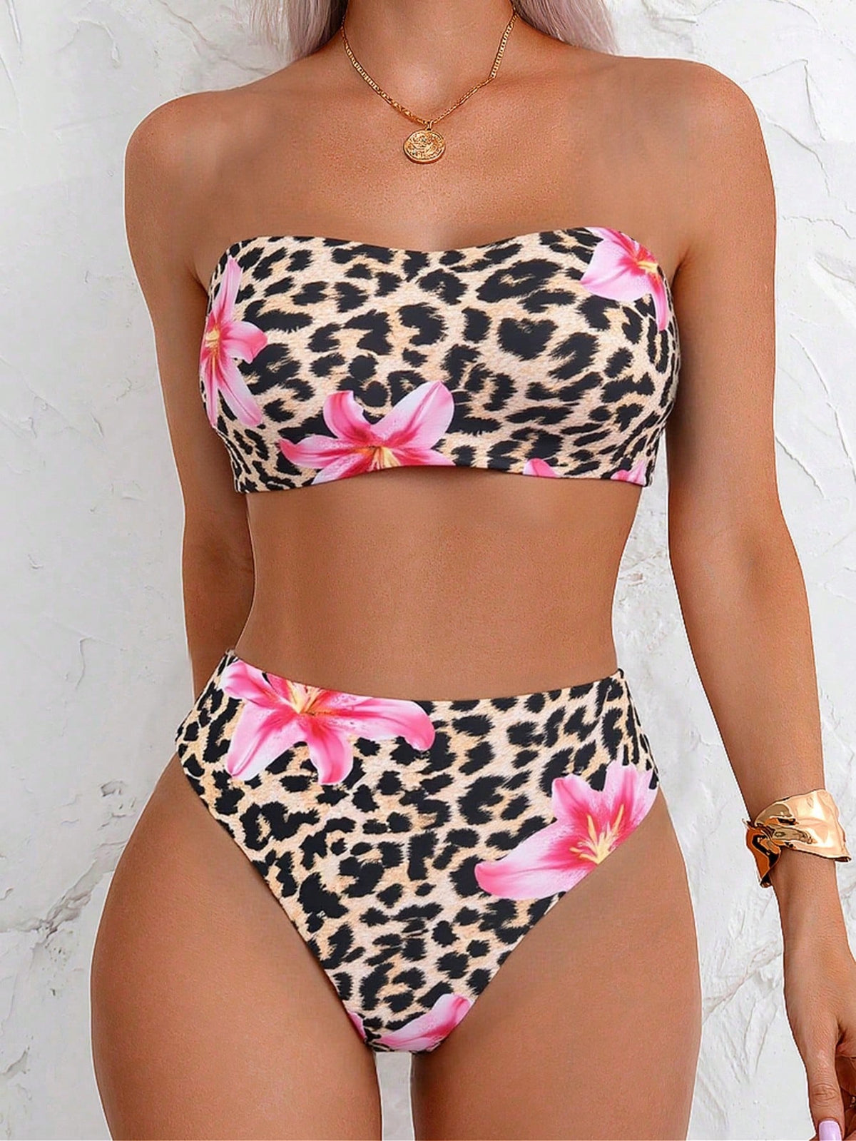 Swim Mod Women's Summer Beach Casual Vacation Elegant Textured Fabric Floral Pink & White Removable Spaghetti Strap High Waist Bikini Set