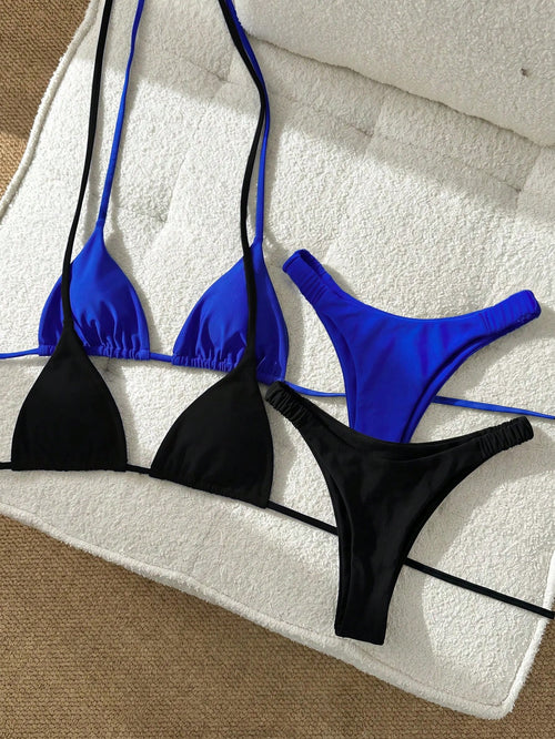 Swim Mod Women's Summer Beach Solid Color Halter Tie Sexy Bikini And Triangle Bottom 4-Piece Set