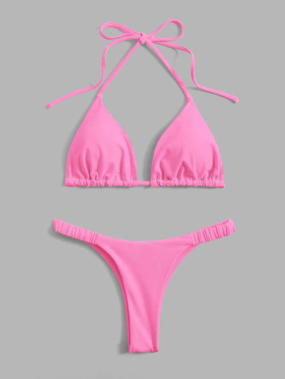 Swim Mod Women's Summer Beach Solid Color Halter Tie Sexy Bikini And Triangle Bottom 4-Piece Set