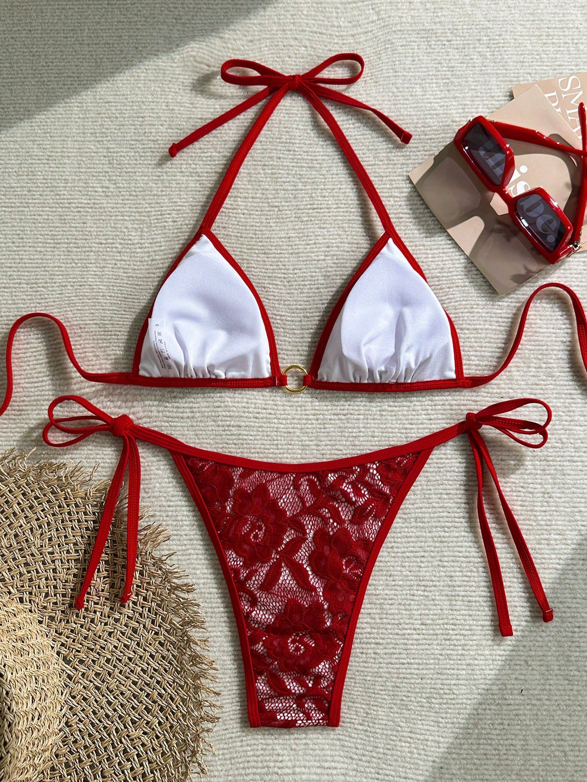 Swim Mod Women's Summer Beach Solid Color Halter Tie Sexy Bikini Swimwear Set Red Bikini Set Red Lace Bikini