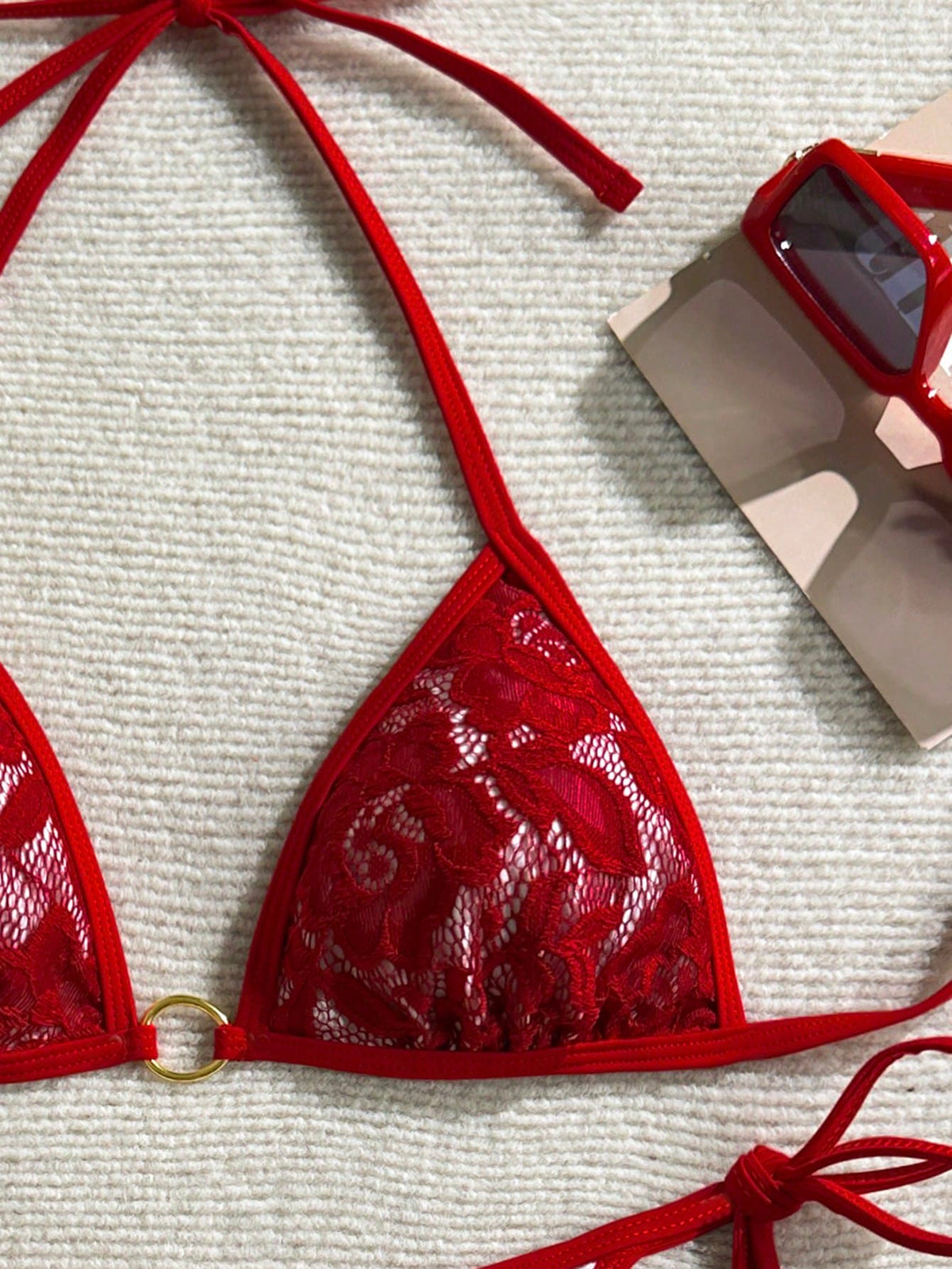 Swim Mod Women's Summer Beach Solid Color Halter Tie Sexy Bikini Swimwear Set Red Bikini Set Red Lace Bikini
