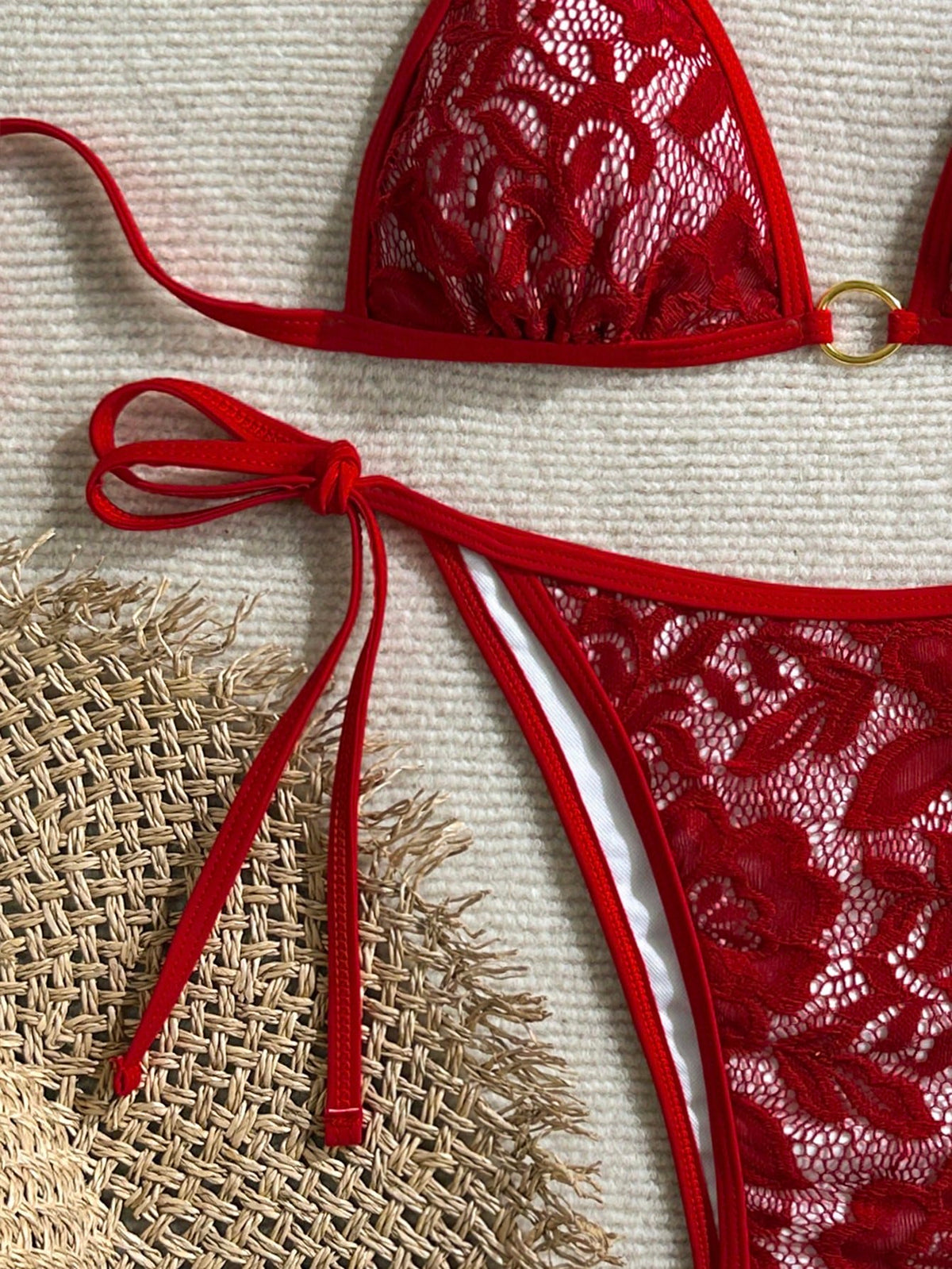Swim Mod Women's Summer Beach Solid Color Halter Tie Sexy Bikini Swimwear Set Red Bikini Set Red Lace Bikini