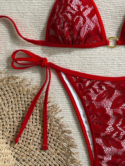 Swim Mod Women's Summer Beach Solid Color Halter Tie Sexy Bikini Swimwear Set Red Bikini Set Red Lace Bikini