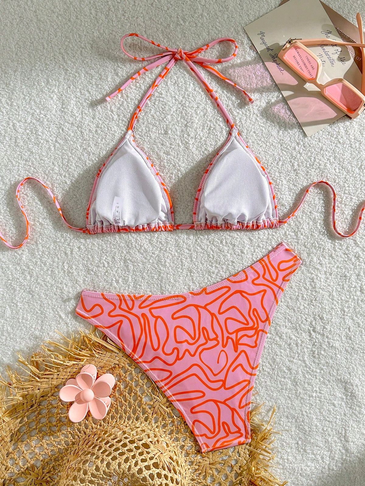 Swim Mod Women's Summer Beach Stripe Printed Halter Neck Bikini Set With Random Print