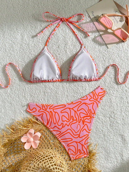 Swim Mod Women's Summer Beach Stripe Printed Halter Neck Bikini Set With Random Print