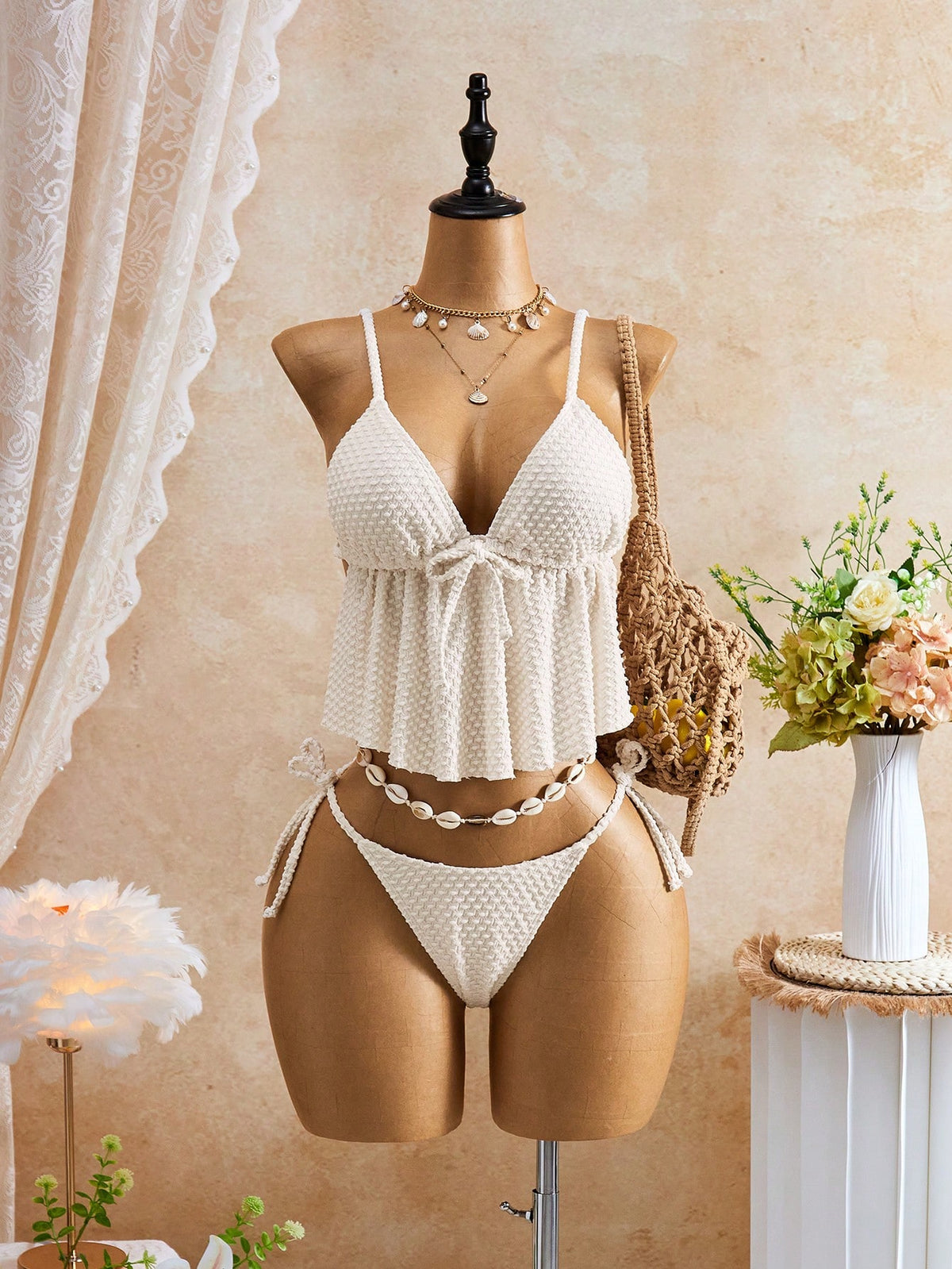 Swim Mod Women's Summer Holiday Beach Vacation Knit Jacquard Spaghetti Strap Front Tie Belly-Flattering Side Tie Triangle Tankini Set