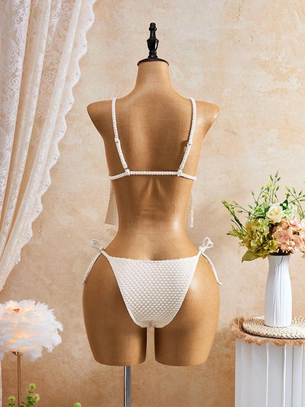 Swim Mod Women's Summer Holiday Beach Vacation Knit Jacquard Spaghetti Strap Front Tie Belly-Flattering Side Tie Triangle Tankini Set