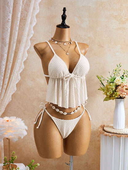 Swim Mod Women's Summer Holiday Beach Vacation Knit Jacquard Spaghetti Strap Front Tie Belly-Flattering Side Tie Triangle Tankini Set
