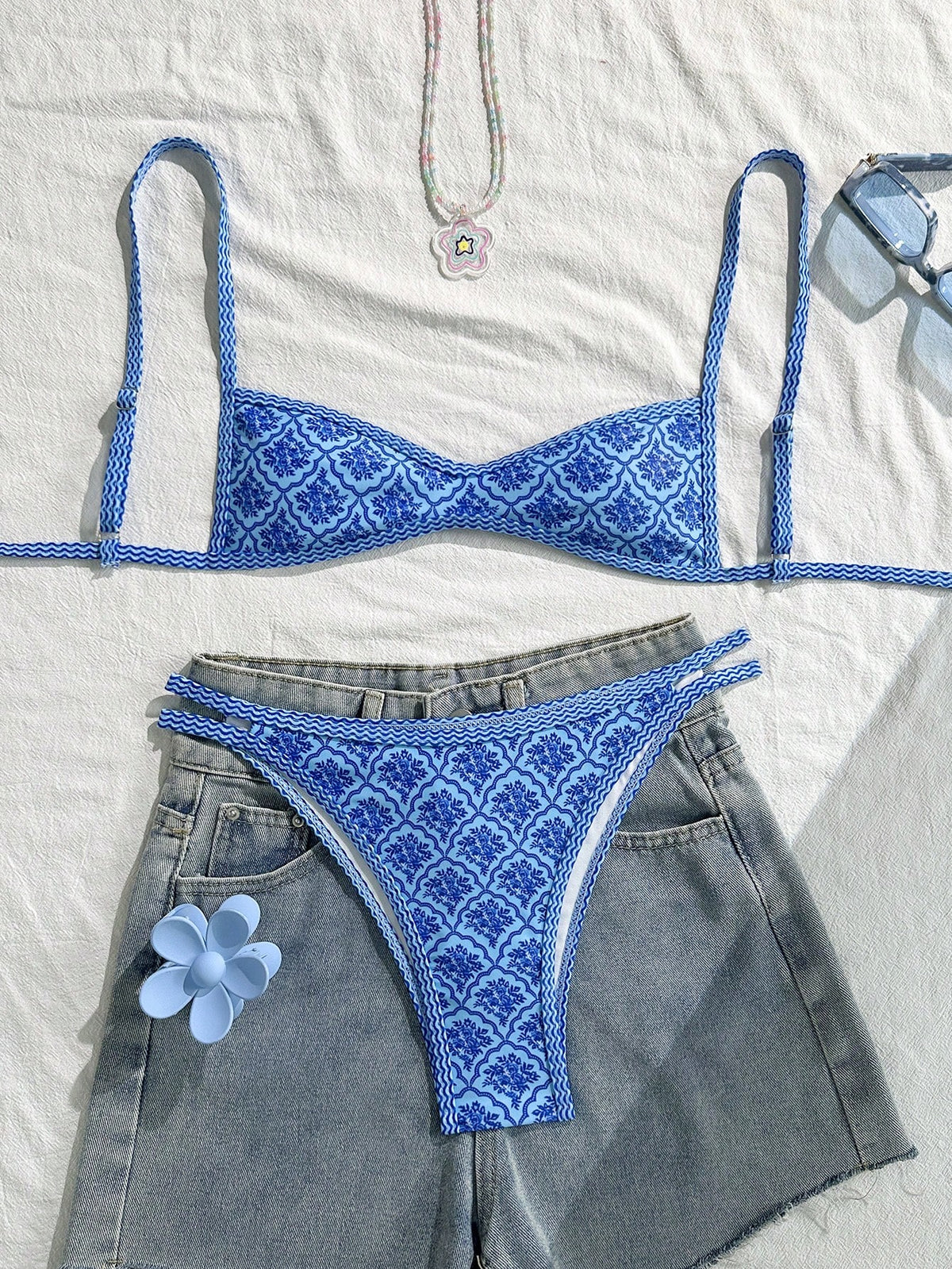 Swim Mod Women's Summer Spaghetti Strap Sexy Bikini Vacation Tight Casual Printed Random 2 Pieces Bikini Beach Outfit Set Coachella Boho