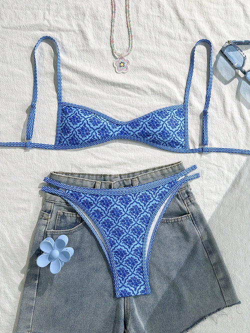 Swim Mod Women's Summer Spaghetti Strap Sexy Bikini Vacation Tight Casual Printed Random 2 Pieces Bikini Beach Outfit Set Coachella Boho