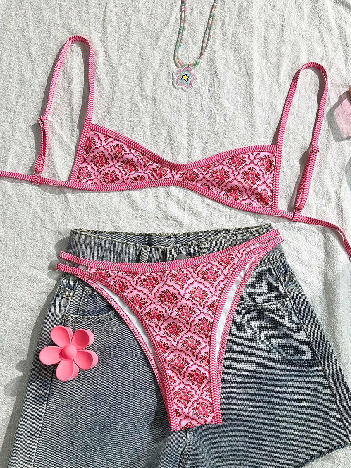 Swim Mod Women's Summer Spaghetti Strap Sexy Bikini Vacation Tight Casual Printed Random 2 Pieces Bikini Beach Outfit Set Coachella Boho