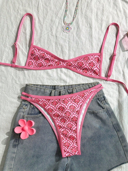 Swim Mod Women's Summer Spaghetti Strap Sexy Bikini Vacation Tight Casual Printed Random 2 Pieces Bikini Beach Outfit Set Coachella Boho