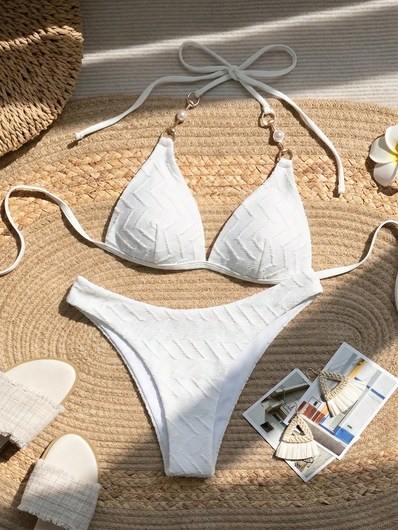 Swim Mod Women's Textured Faux Pearl Decor Halter Tie Sexy Bikini Two-Piece Swimsuit Set For Vacation