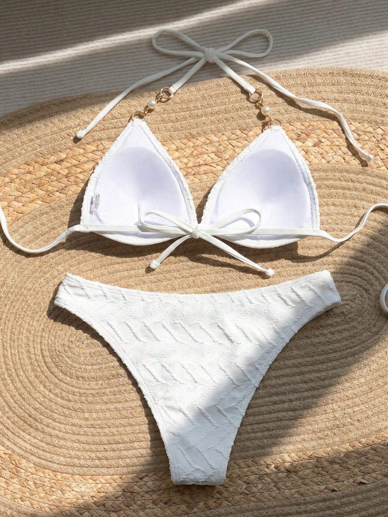 Swim Mod Women's Textured Faux Pearl Decor Halter Tie Sexy Bikini Two-Piece Swimsuit Set For Vacation