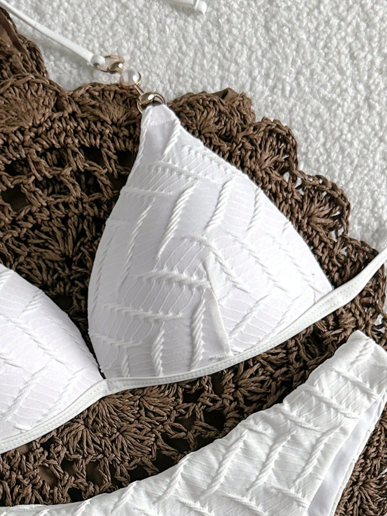 Swim Mod Women's Textured Faux Pearl Decor Halter Tie Sexy Bikini Two-Piece Swimsuit Set For Vacation