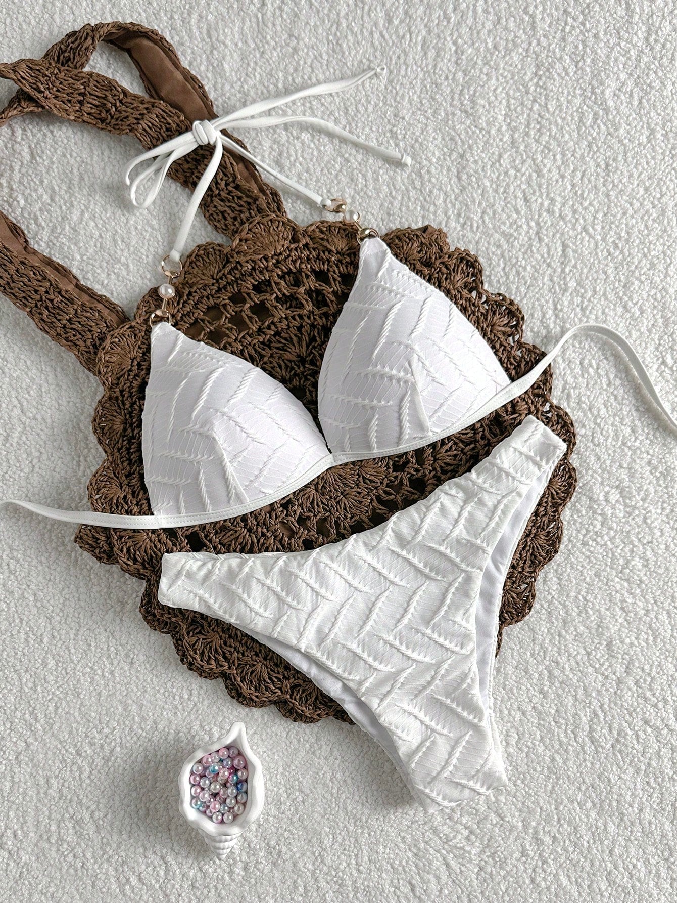 Swim Mod Women's Textured Faux Pearl Decor Halter Tie Sexy Bikini Two-Piece Swimsuit Set For Vacation