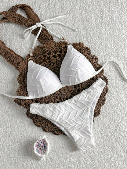 Swim Mod Women's Textured Faux Pearl Decor Halter Tie Sexy Bikini Two-Piece Swimsuit Set For Vacation