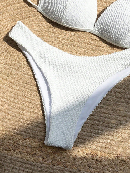 Swim Mod Women's Textured Faux Pearl Decor Halter Tie Sexy Bikini Two-Piece Swimsuit Set For Vacation