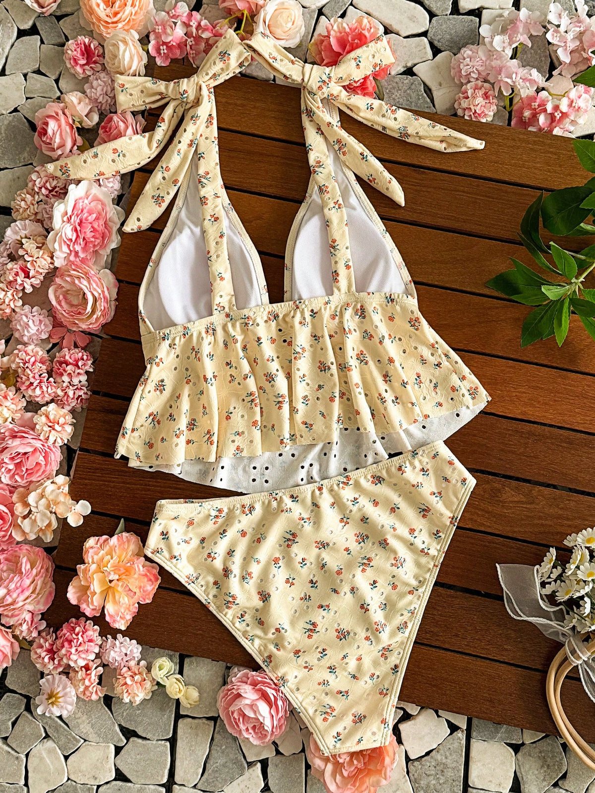 Swim Mod Yellow Summer Textured Fabric Small Ditsy Floral Cute Hot-Selling Push-Up Tie-Up Skirt Hem Beach Vacation Party Camisole Bikini Swimsuit Set For Women
