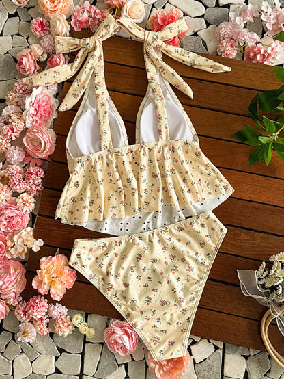 Swim Mod Yellow Summer Textured Fabric Small Ditsy Floral Cute Hot-Selling Push-Up Tie-Up Skirt Hem Beach Vacation Party Camisole Bikini Swimsuit Set For Women