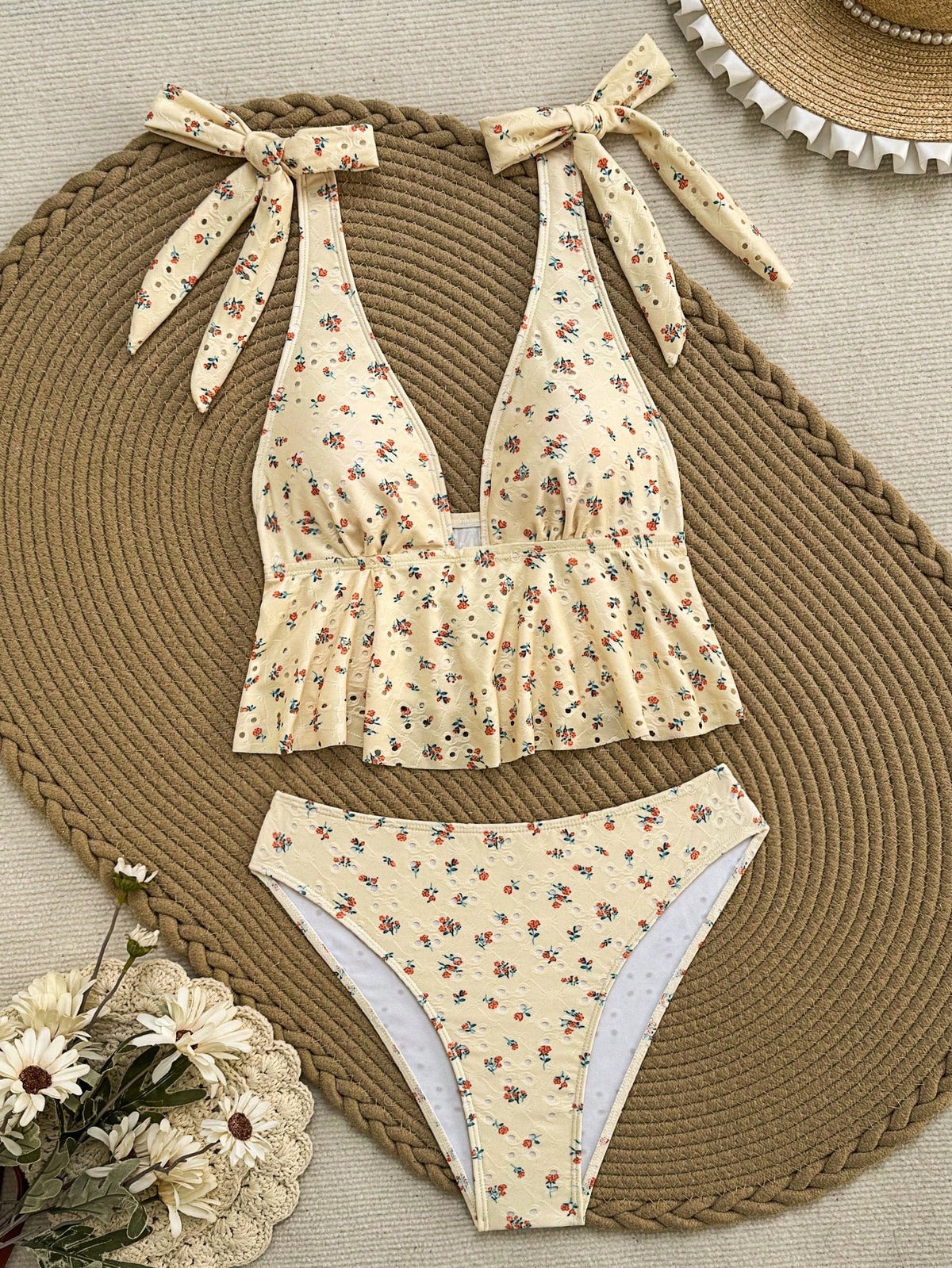 Swim Mod Yellow Summer Textured Fabric Small Ditsy Floral Cute Hot-Selling Push-Up Tie-Up Skirt Hem Beach Vacation Party Camisole Bikini Swimsuit Set For Women