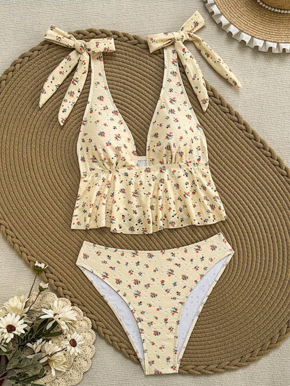 Swim Mod Yellow Summer Textured Fabric Small Ditsy Floral Cute Hot-Selling Push-Up Tie-Up Skirt Hem Beach Vacation Party Camisole Bikini Swimsuit Set For Women